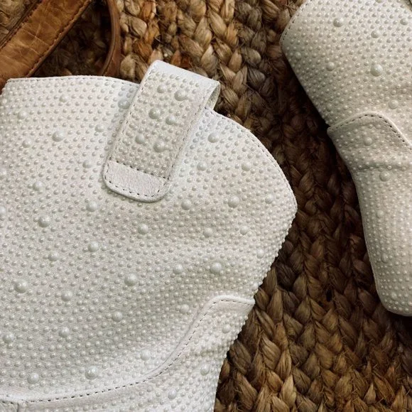 NEW🔥Ivory Faux Pearl Embellished Cowboy Cowgirl Western Heel Ankle Booties Boot - Picture 11 of 12